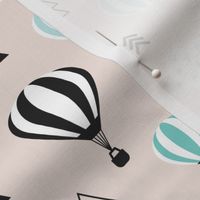 Scandinavian pastels and black and white hot air balloons and geometric clouds sky illustration pattern blue