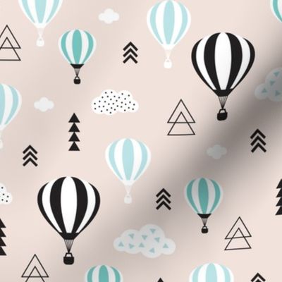 Scandinavian pastels and black and white hot air balloons and geometric clouds sky illustration pattern blue