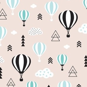 Scandinavian pastels and black and white hot air balloons and geometric clouds sky illustration pattern blue