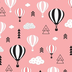 Scandinavian pastels and black and white hot air balloons and geometric clouds sky illustration pattern pink