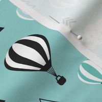 Scandinavian pastels and black and white hot air balloons and geometric clouds sky illustration pattern blue