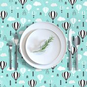 Scandinavian pastels and black and white hot air balloons and geometric clouds sky illustration pattern blue