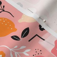 Hot summer oranges and lemon fruit colorful lemonade illustration kitchen food print in pink