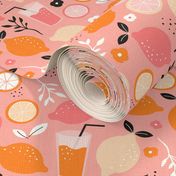 Hot summer oranges and lemon fruit colorful lemonade illustration kitchen food print in pink