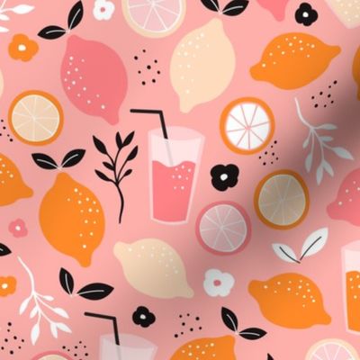 Hot summer oranges and lemon fruit colorful lemonade illustration kitchen food print in pink