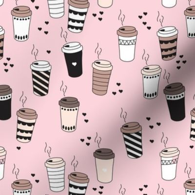 Coffee love never too hot for coffee take away cups illustration for addicts in black white and pink