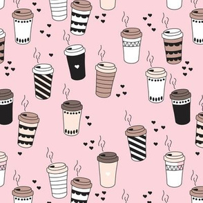Coffee love never too hot for coffee take away cups illustration for addicts in black white and pink