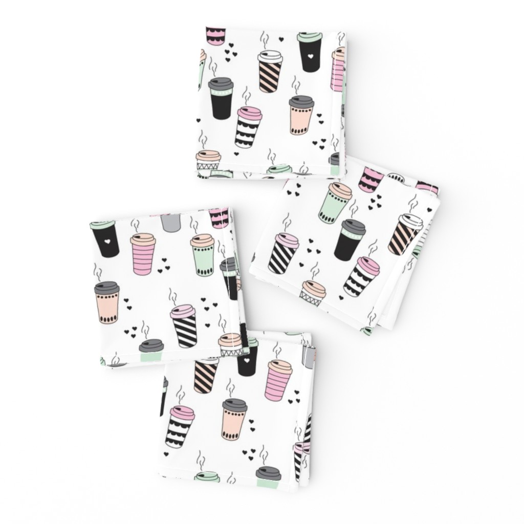 Coffee love never too hot for coffee take away cups illustration for addicts in black white mint and pink