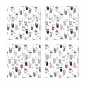 Coffee love never too hot for coffee take away cups illustration for addicts in black white mint and pink