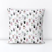 Coffee love never too hot for coffee take away cups illustration for addicts in black white mint and pink