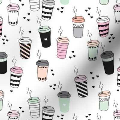 Coffee love never too hot for coffee take away cups illustration for addicts in black white mint and pink