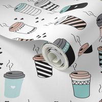 Coffee love never too hot for coffee take away cups illustration for addicts in black white and blue