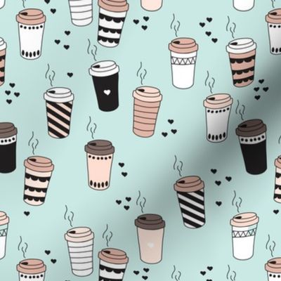Coffee love never too hot for coffee take away cups illustration for addicts in black white and blue