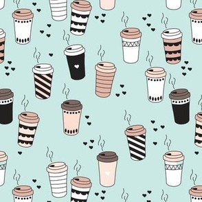 Coffee love never too hot for coffee take away cups illustration for addicts in black white and blue