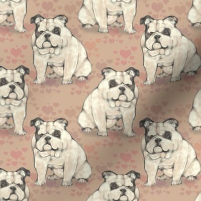 Sitting Bulldog, with tan hearts