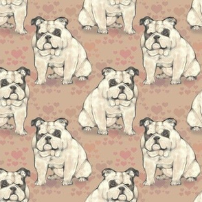 Sitting Bulldog, with tan hearts