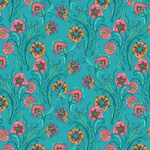 Floral pattern with exotic orange-pink flowers on turquoise background
