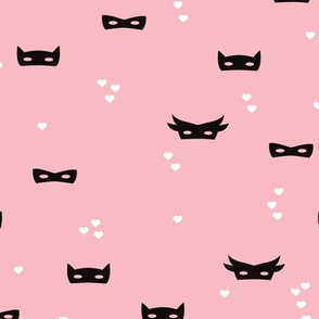 Scandinavian style hearts and masks super hero theme for kids in black white and pink