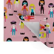 Colorful super hero girls with mask and cape fun heroine theme for kids pink