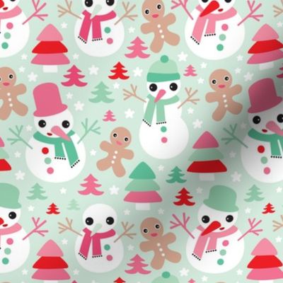 Colorful christmas theme with snowman and gingerbread man christmas trees and stars in mint and red