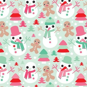 Colorful christmas theme with snowman and gingerbread man christmas trees and stars in mint and red