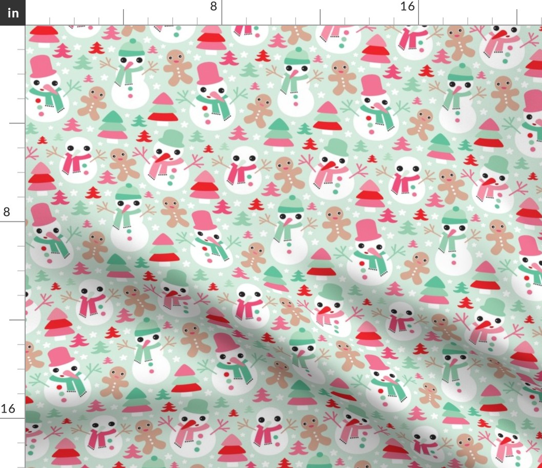 Colorful christmas theme with snowman and gingerbread man christmas trees and stars in mint and red