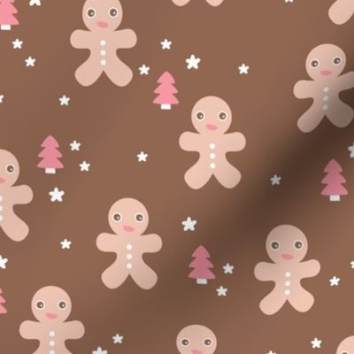 December happy holidays christmas theme kids gingerbread man and christmas trees and stars illustration in brown beige and pink