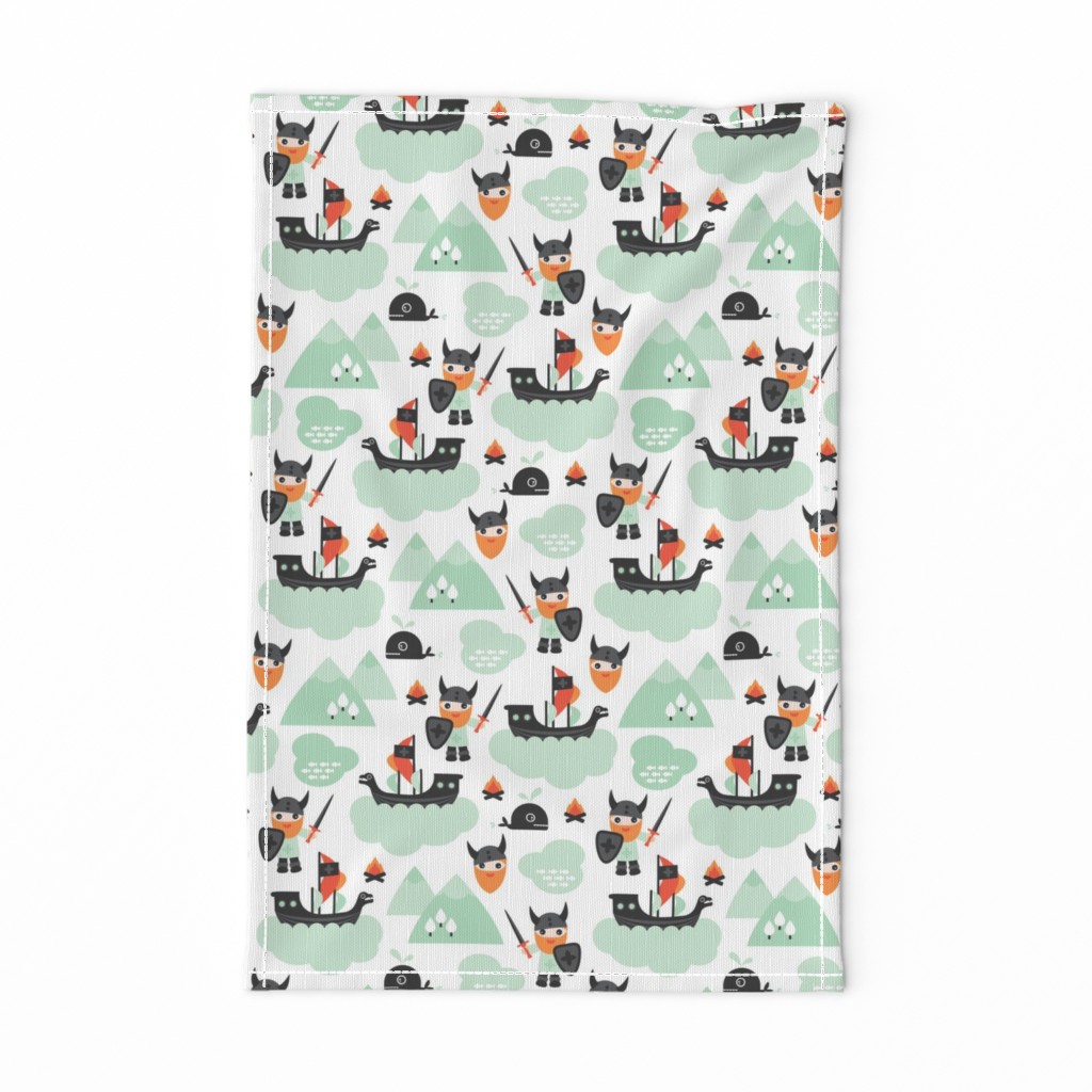 Cute kids historical hero theme viking battle ship whale and scandinavian woodland in mint and orange boys