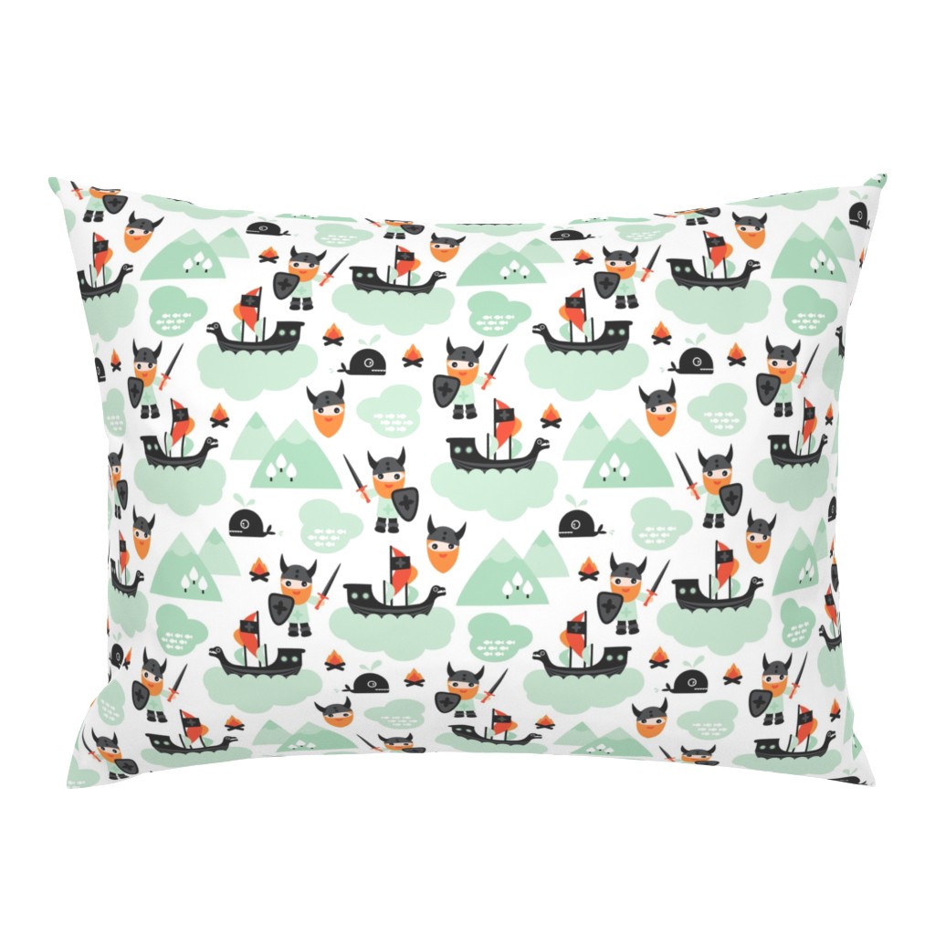 Cute kids historical hero theme viking battle ship whale and scandinavian woodland in mint and orange boys