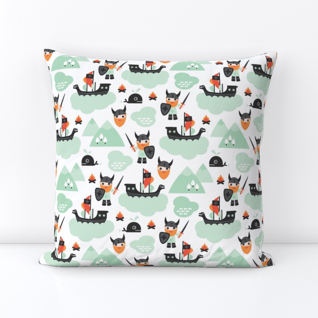 Cute kids historical hero theme viking battle ship whale and scandinavian woodland in mint and orange boys