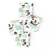 Cute kids historical hero theme viking battle ship whale and scandinavian woodland in mint and orange boys