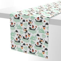 Cute kids historical hero theme viking battle ship whale and scandinavian woodland in mint and orange boys