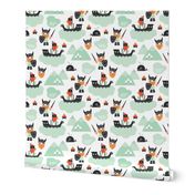 Cute kids historical hero theme viking battle ship whale and scandinavian woodland in mint and orange boys