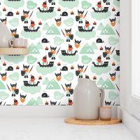 Cute kids historical hero theme viking battle ship whale and scandinavian woodland in mint and orange boys