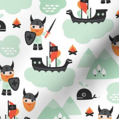 Cute kids historical hero theme viking battle ship whale and scandinavian woodland in mint and orange boys