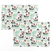 Cute kids historical hero theme viking battle ship whale and scandinavian woodland in mint and orange boys