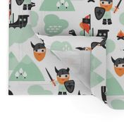 Cute kids historical hero theme viking battle ship whale and scandinavian woodland in mint and orange boys