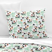 Cute kids historical hero theme viking battle ship whale and scandinavian woodland in mint and orange boys