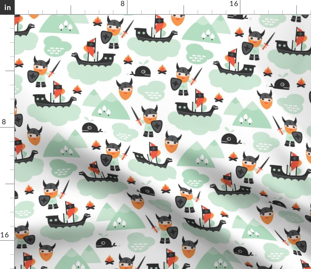 Cute kids historical hero theme viking battle ship whale and scandinavian woodland in mint and orange boys