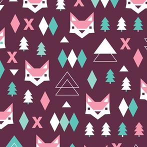 Geometric fox and pine tree illustration pattern purple pink for girls