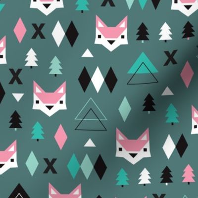 Geometric fox and pine tree illustration pattern pink green