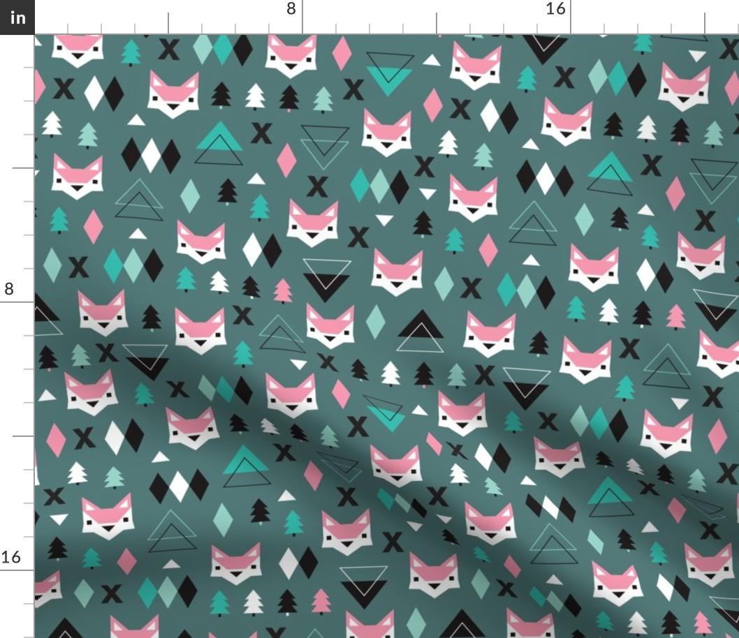 Geometric fox and pine tree illustration pattern pink green