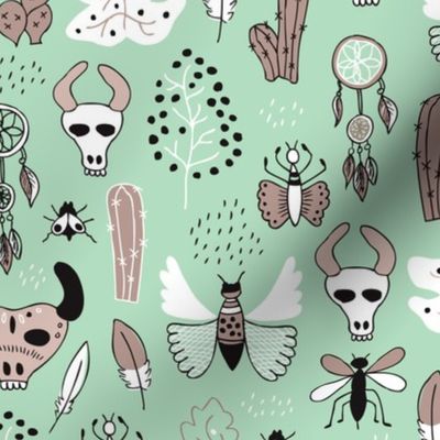 Western texas ranch skulls and animals indian summer cactus insects butterflies bull and dreamcatcher feathers illustration in mint