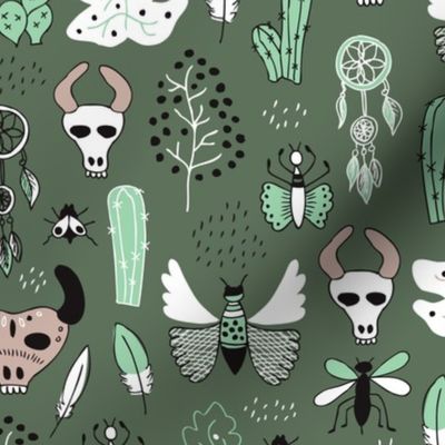 Western texas ranch skulls and animals indian summer cactus insects butterflies bull and dreamcatcher feathers illustration in mint and moss green