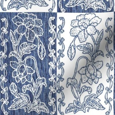 vertical-floral-border-textured-blue and white counterchange