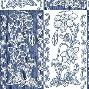 vertical-floral-border-textured-blue and white counterchange