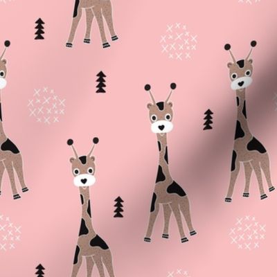 Adorable little baby giraffe cute kids zoo jungle animals illustration geometric scandinavian style print in pink