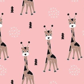 Adorable little baby giraffe cute kids zoo jungle animals illustration geometric scandinavian style print in pink
