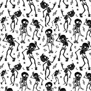 Black White Dancing Skeletons Seamless Pattern. Halloween Disco Spooky Funny Party