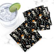 Dancing Skeletons Party Halloween Seamless Pattern. Music Disco